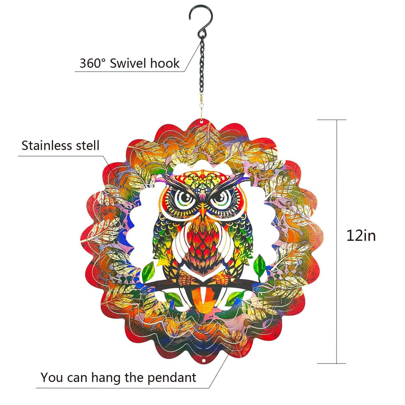 12'' Owl - 3D Magical Wind Kinetic Hanging Metal Wind Spinner