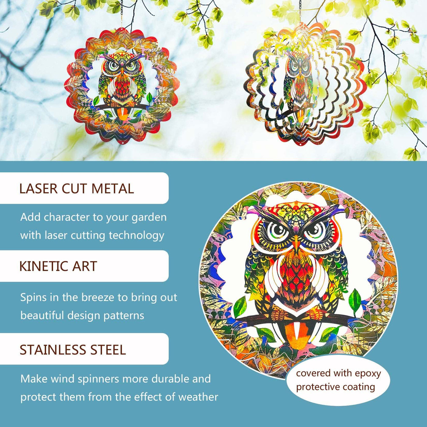 12'' Owl - 3D Magical Wind Kinetic Hanging Metal Wind Spinner