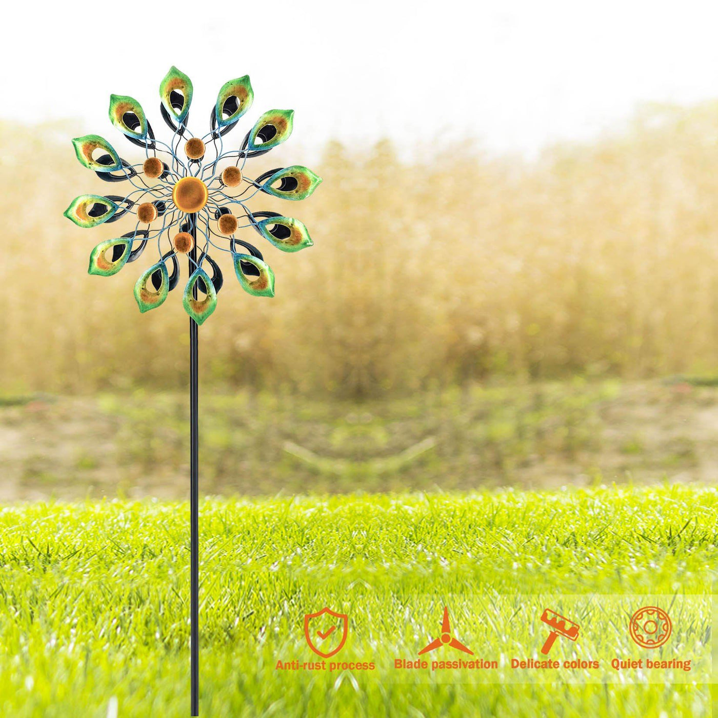 15'' Metal Garden Wind Spinner with Stake-Peacock